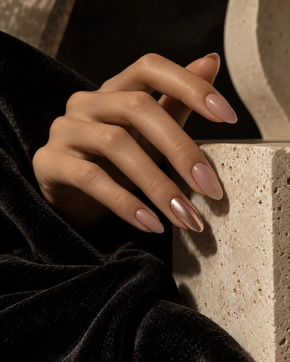 Editorial image of a rose-gold manicure